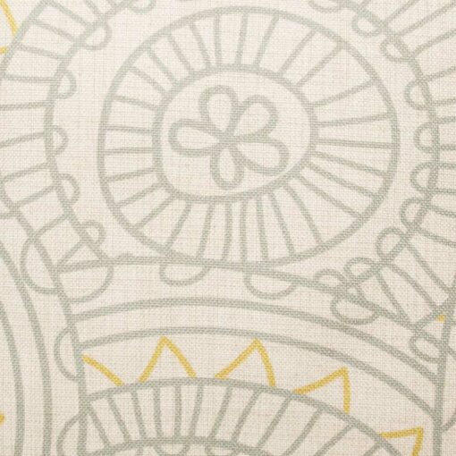 Closer look of the multi patterned Cotton linen cushion in grey and yellow. (45cmx45cm)