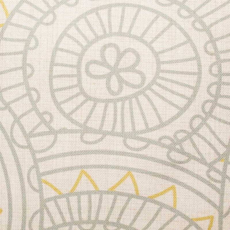 Closer look of the multi patterned Cotton linen cushion in grey and yellow. (45cmx45cm)