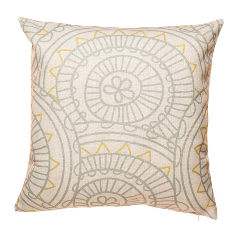 Capri Motif Cushion Cover Grey and yellow cotton linen cushion with multiple patterns (45cmx45cm)