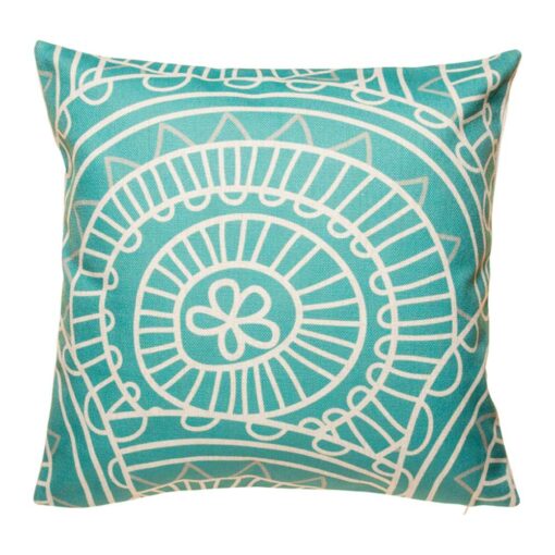 Teal cotton linen cushion with white patterns (45cmx45cm)