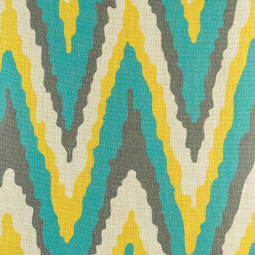 Closer look at 45cmx45cm the cotton linen cushion with blue, yellow, dark grey wide Zig Zag pattern