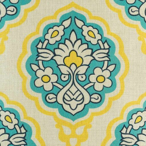 A close up of the 45cmx45cm cotton linen cushion cover in yellow, blue and white with flowers design