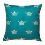 45cmx45cm cotton linen cushion cover in teal with white crown design.