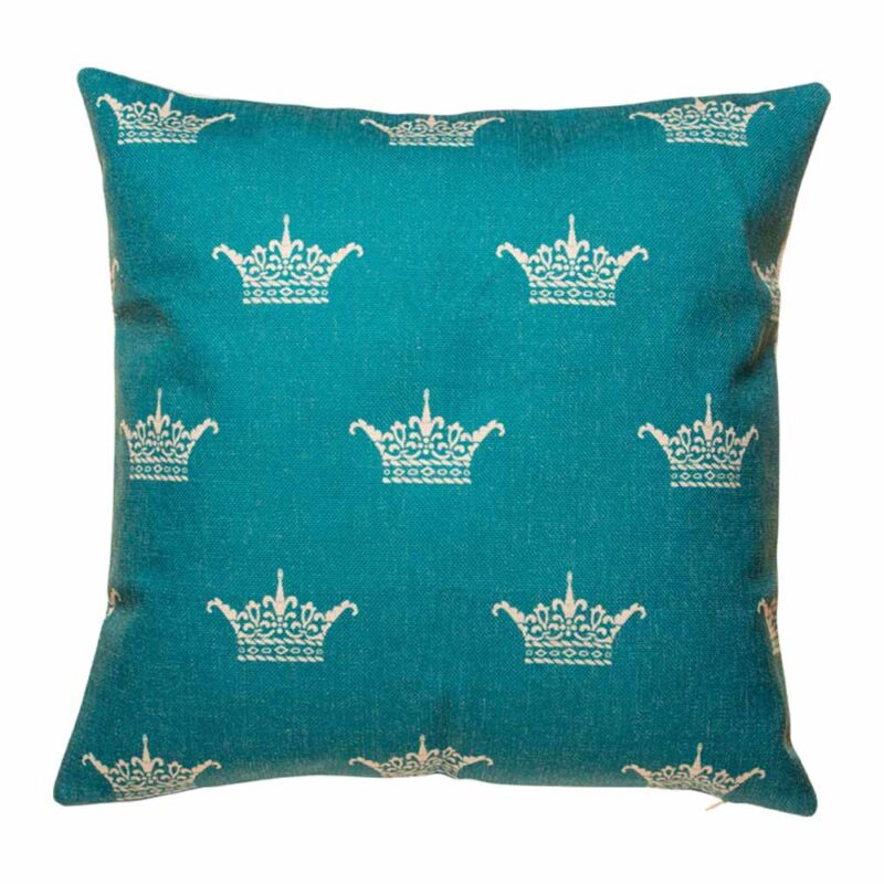 Memphis Teal Cushion Cover 45cmx45cm cotton linen cushion cover in teal with white crown design.
