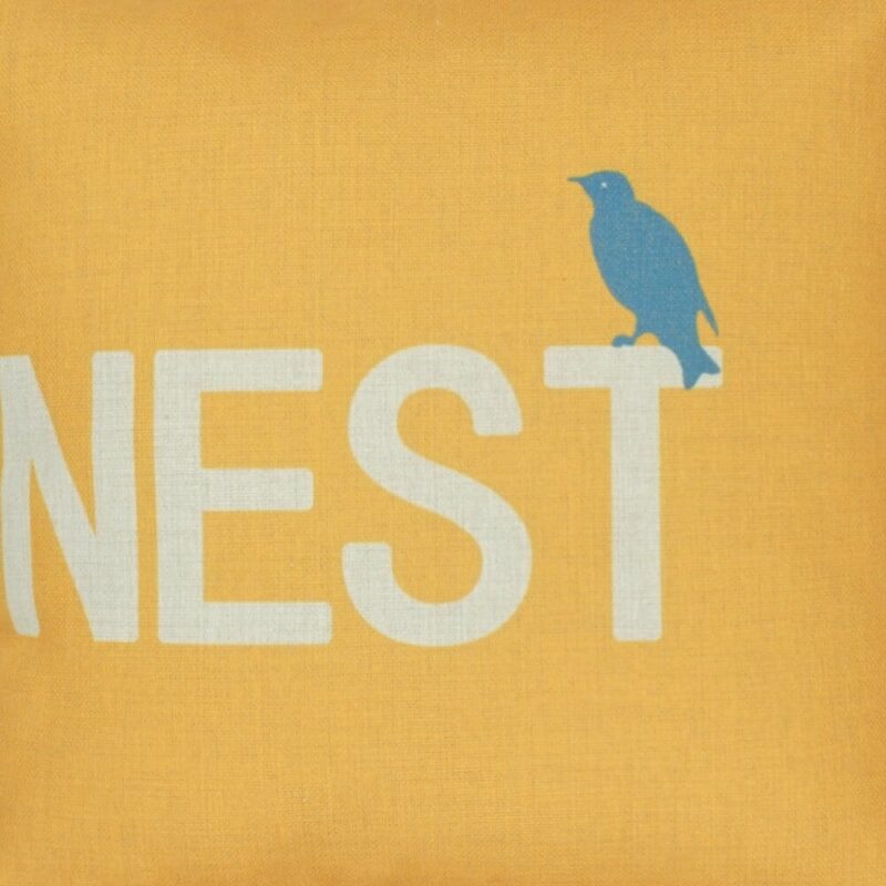 CLOSE UP of the yellow and white with grey sparrow cotton linen cushion cover