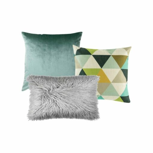 A photo of a green velvet cushion cover, a triangle pattern colourful cushion cover and a rectangular grey faux fur cushion cover.