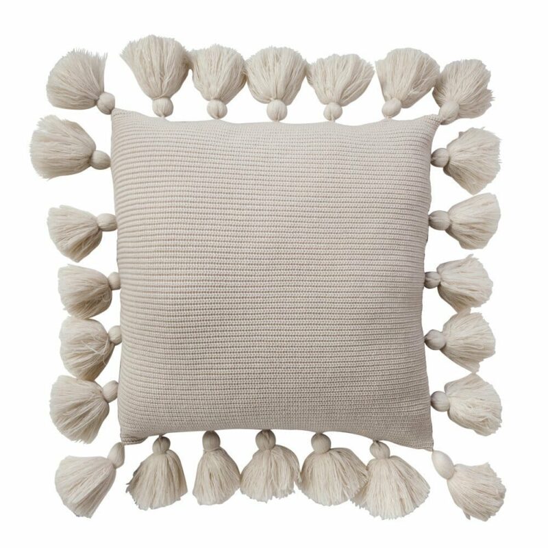 Alabaster Tassel Knitted Cushion Cover SC607-50 Close up photo of light brown knit cushion with tassels
