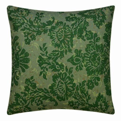 Image of green watercolour motif square cushion cover with floral print