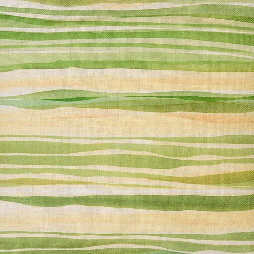 Close up image of watercolour motif cushion with green and yellow stripes