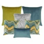 Image of a cushion covers in gold, grey and blue colours in a set of six