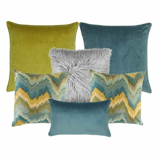 Image of a cushion covers in gold, grey and blue colours in a set of six