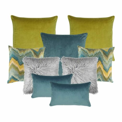 A photo of a nine set of gold, mustard and grey cushion covers with seven square cushions and two rectangular cushions