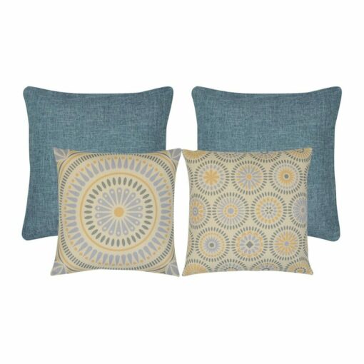 Mandala themed 4 cushion set with blue and yellow covers