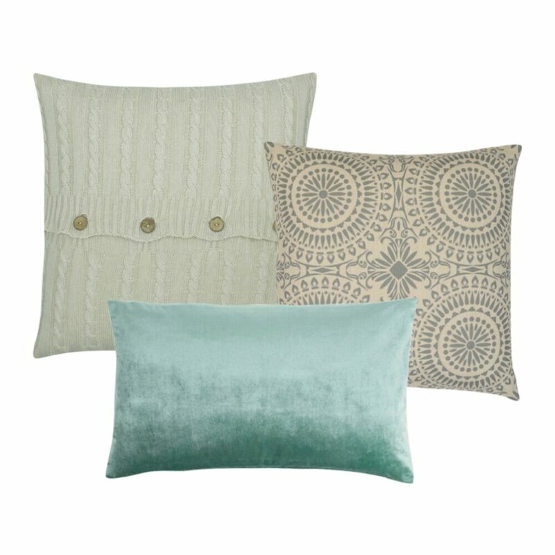 Aura-Green-3-Cushion-Cover-Collection Beautiful 3 cushion set in varying textures and sizes.