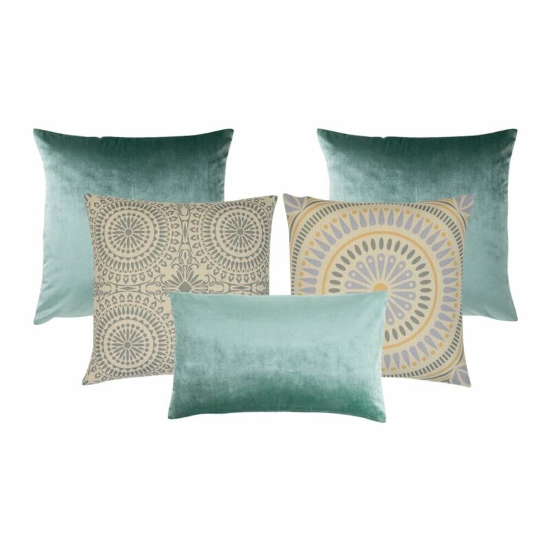Aura-Green-5-Cushion-Cover-Collection Image of 5 green and yellow cushions in velvet and cotton linen fabric