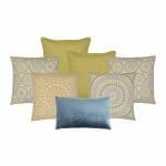 Image of bohemian inspired cushion set of 9 in blue and yellow colours