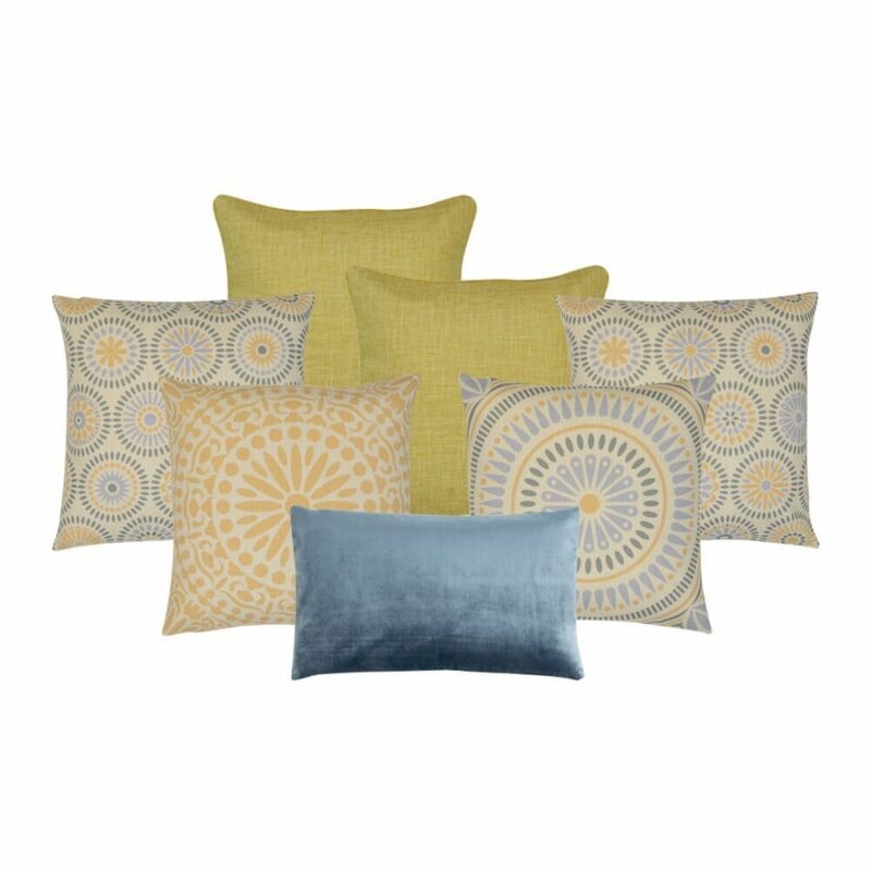 Aura-Yellow-7-Cushion-Cover-Collection Image of bohemian inspired cushion set of 9 in blue and yellow colours