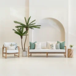 Outdoor seating with the 7 outdoor sofa cushions from the Avena set on it.