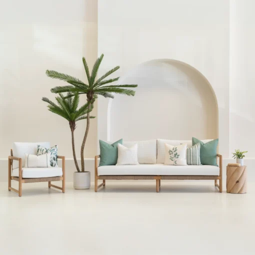 Outdoor seating with the 7 outdoor sofa cushions from the Avena set on it.