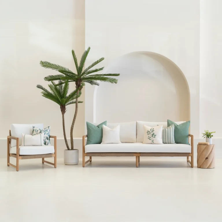 Outdoor seating with the 7 outdoor sofa cushions from the Avena set on it.