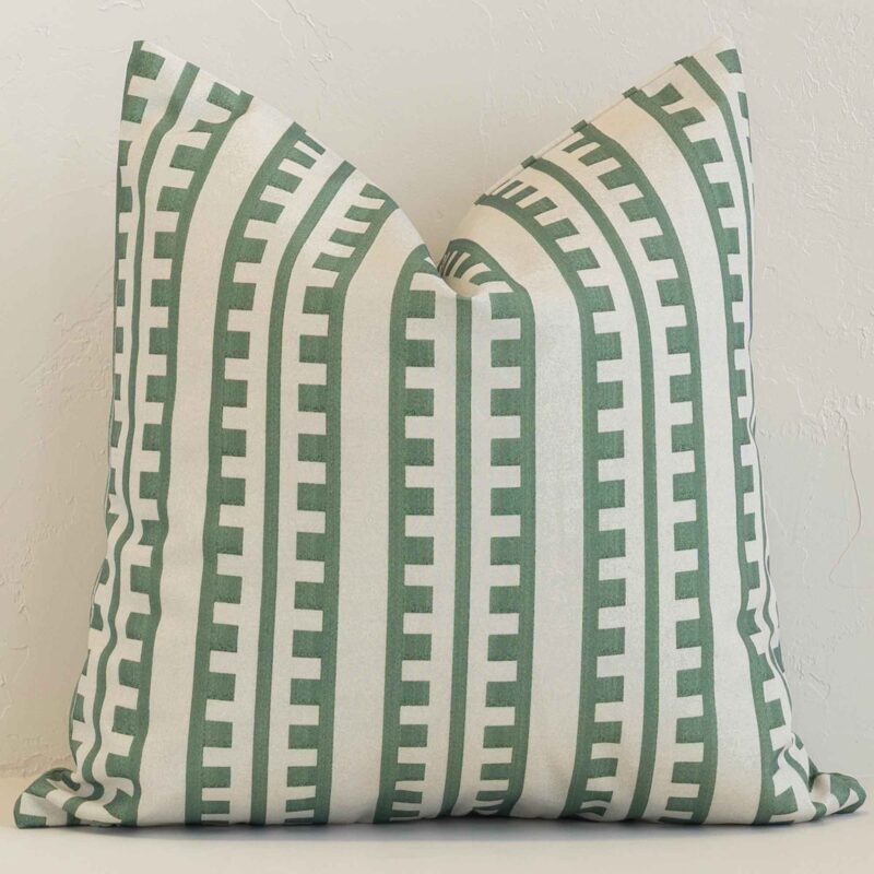 Lovely cream and green stripe cushion made from outdoor fabric and in an elegant square size.