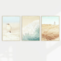 A collection of beach scene wall art prints in coastal colours in a set of 3