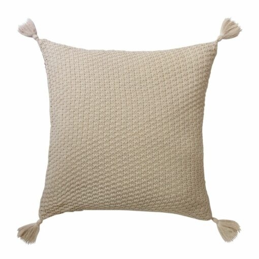 Image of beige wool knit cushion cover with tassels