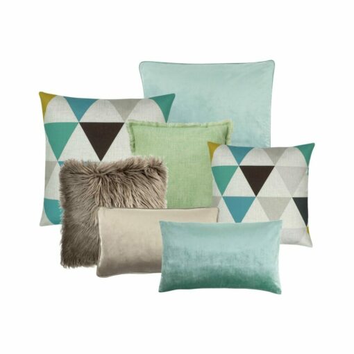A set of seven cushion covers in green, brown and fawn colours and patterns with velvet, plain and fluffy textures.