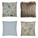 A collection of four square cushion covers with two paisley cushion covers, one brown faux fur cushion cover and one grey cushion cover.
