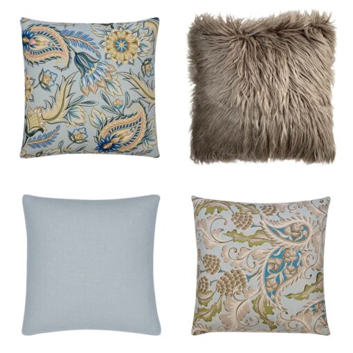 A collection of four square cushion covers with two paisley cushion covers, one brown faux fur cushion cover and one grey cushion cover.