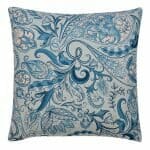 Front shot of blue paisley cushion with intricate floral motif design