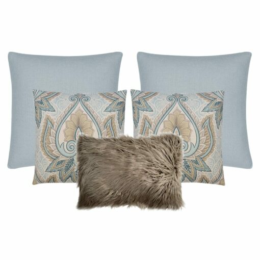 A photo of a set of 5 cushion covers in grey and brown colours and paisley design.