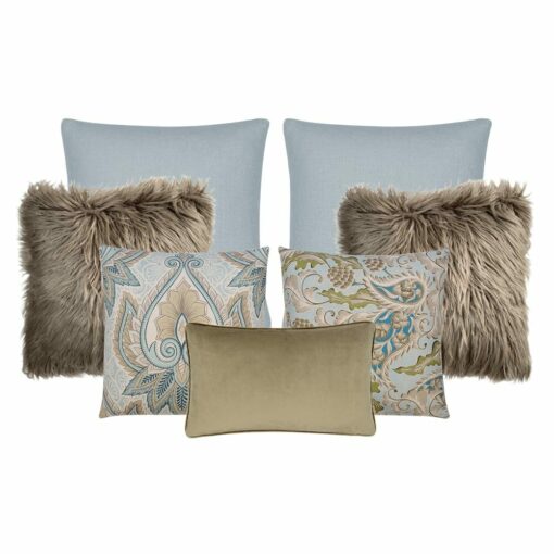A collection of seven cushion covers with two plain teal cushion covers, two brown faux fur cushions, a pair of paisley cushion covers and a fawn rectangular cushion cover.