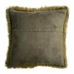 Back view of military green 45cm x 45cm cushion made of faux fur material