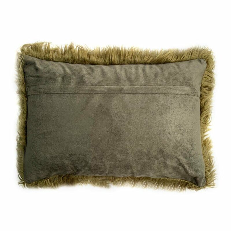 Zipper side of army green rectangular fur cushion