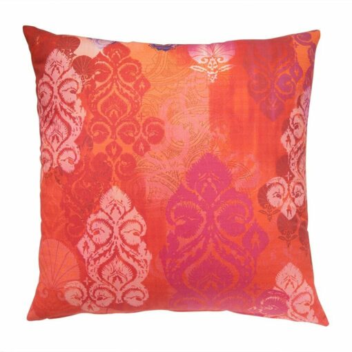 Image of red orange outdoor cushion with feather design