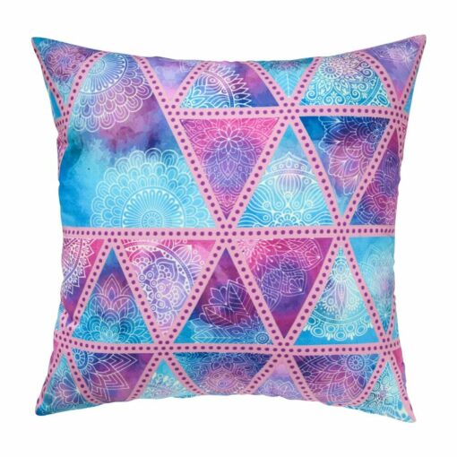Image of pink and blue outdoor cushion cover with triangle design