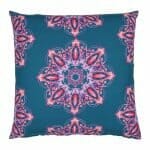 Front view of blue and pink, colourful outdoor cushion cover with kaleidoscope design