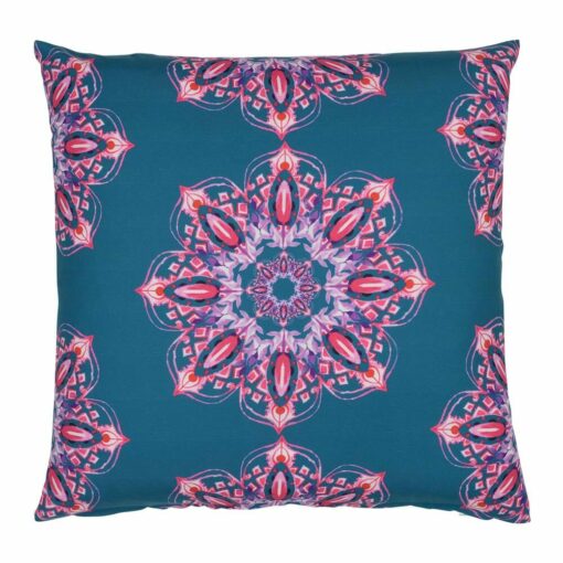Front view of blue and pink, colourful outdoor cushion cover with kaleidoscope design
