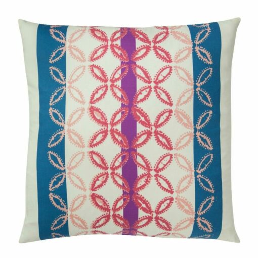 Image of white cushion with stripes blue stripes and pink star design
