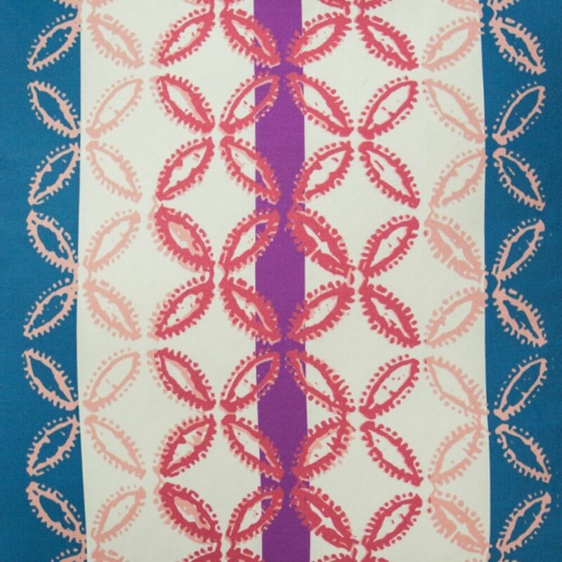 Close up image of colourful outdoor cushion cover with stripes and flower design