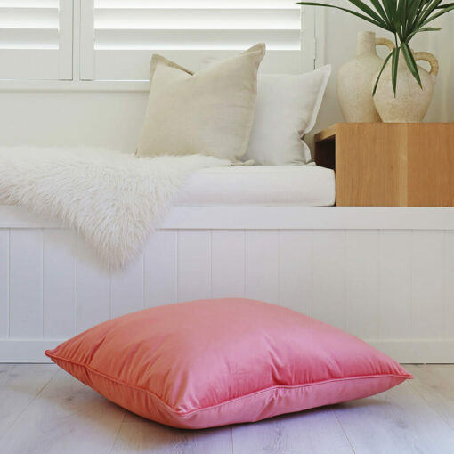 Velvet floor cushion cover in coral pink colour