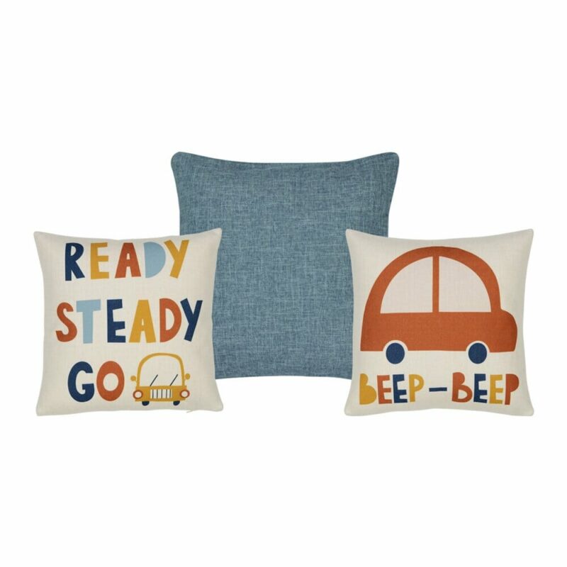 Cute Cars Blue 3 Kids Cushion Cover Collection - COL908 3-piece kids bedroom car cushion set in red orange and blue colours