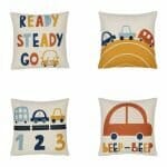 Bright and colourful 4-piece kids bedroom cushion set with cute cars design