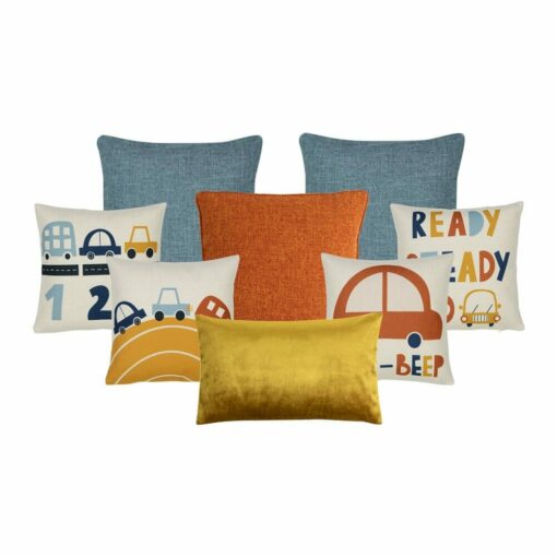 Bright and fun 8 car-themed cushion set in orange, yellow and blue colours