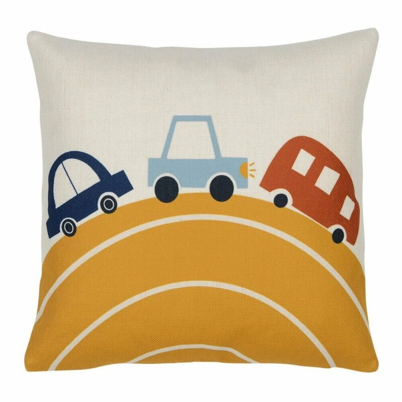 Cute Cars Hill Kids Cushion Cover - 35cm x 35cm - SC733-35 Close up photo of cotton linen kids cushion cover with yellow hill, red and blue cars
