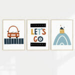 A colourful collection of car inspired kids wall art in a set of 3