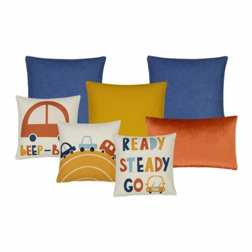 Cute car themed cushion set for kids bedroom in orange red, blue and yellow colours