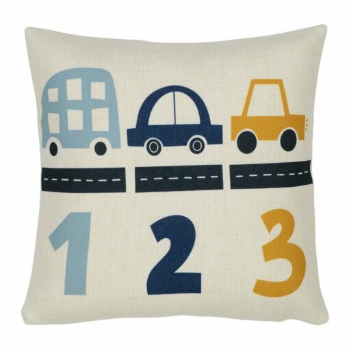 Cute kids cushion cover with blue and yellow cars and numbers