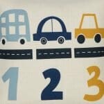 Colourful cotton linen kids cushion with blue and yellow cars
